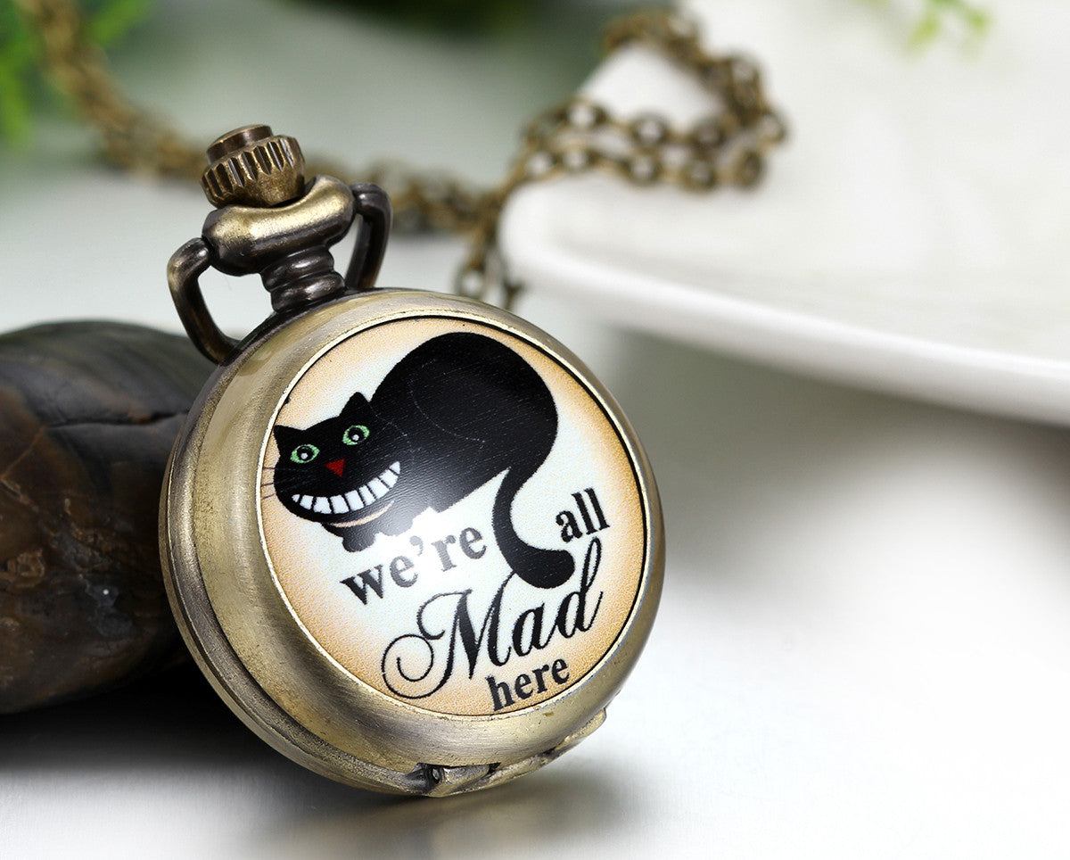 Boniskiss Vintage Retro We are All Mad Here Pocket Locket Quartz Watch Pendant Necklace 30.7 Inch Chain