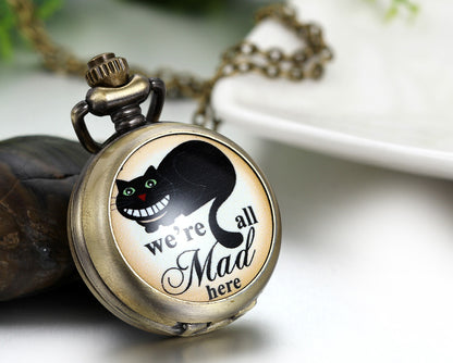Boniskiss Vintage Retro We are All Mad Here Pocket Locket Quartz Watch Pendant Necklace 30.7 Inch Chain
