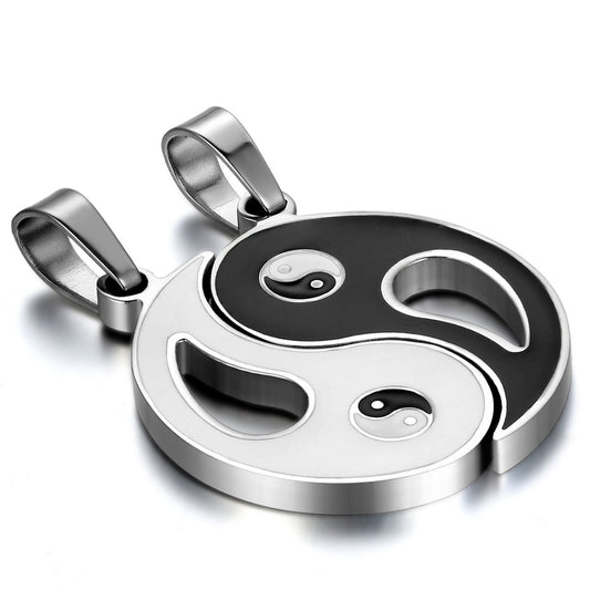 Boniskiss 2pcs Matching Friendship Best Friends Ying Yang Pendant Necklaces Set, 18 and 22 inch Chain, Valentine's Gift, Black Silver