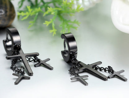 Boniskiss Punk Rock Fashion Stainless Steel Hinged Hoop Huggie Stud Earrings Crosses Dangle