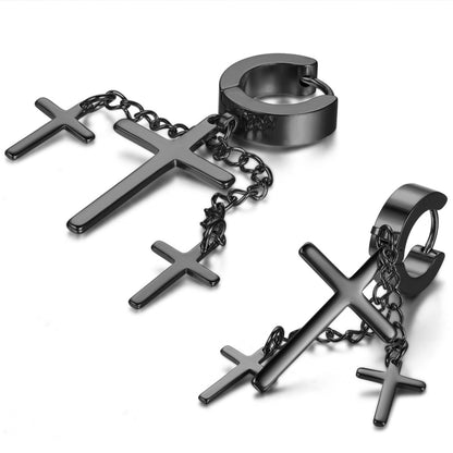 Boniskiss Punk Rock Fashion Stainless Steel Hinged Hoop Huggie Stud Earrings Crosses Dangle