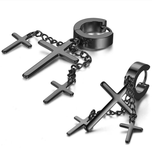 Boniskiss Punk Rock Fashion Stainless Steel Hinged Hoop Huggie Stud Earrings Crosses Dangle