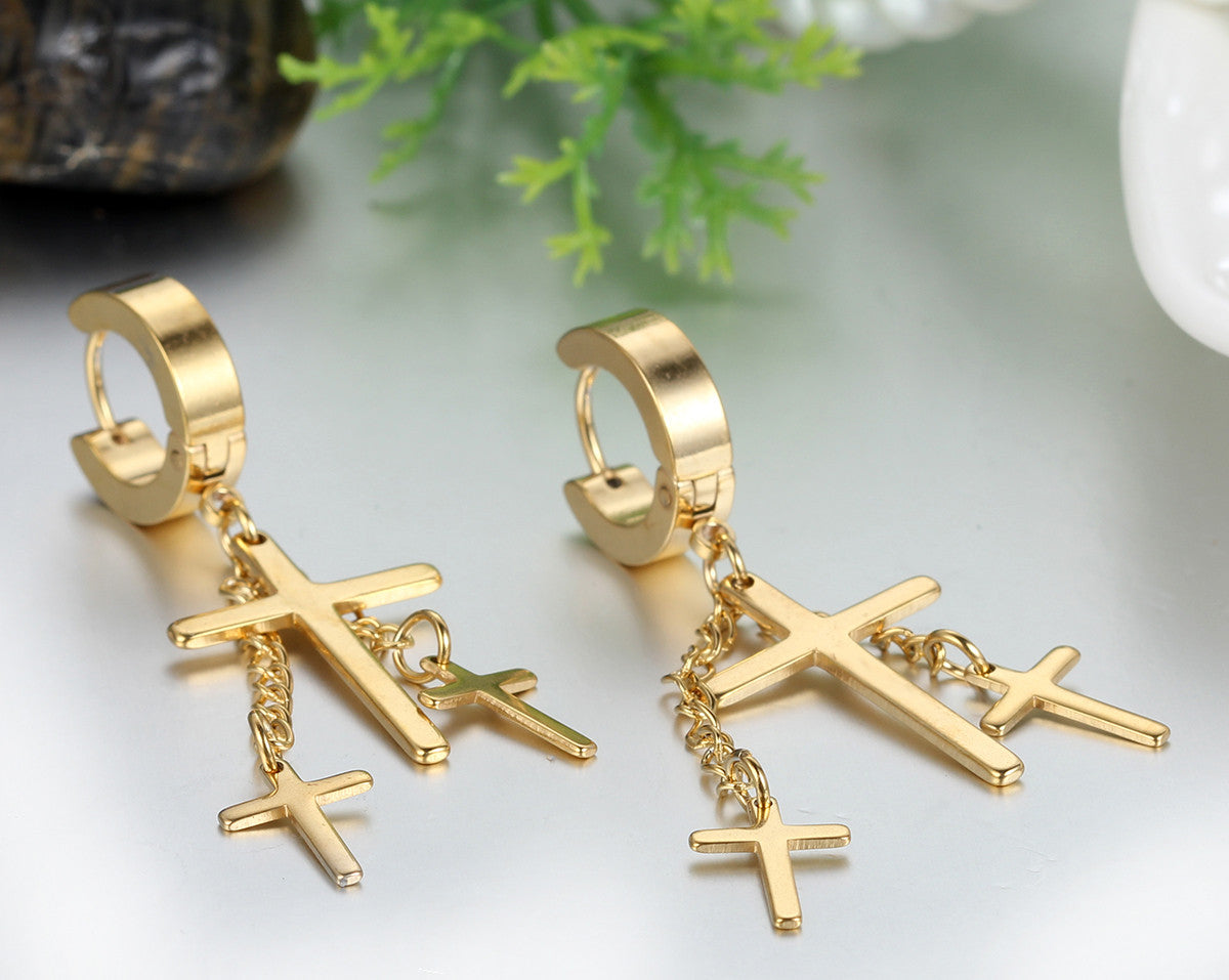 Boniskiss Punk Rock Fashion Stainless Steel Hinged Hoop Huggie Stud Earrings Crosses Dangle