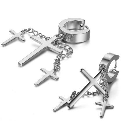 Boniskiss Punk Rock Fashion Stainless Steel Hinged Hoop Huggie Stud Earrings Crosses Dangle