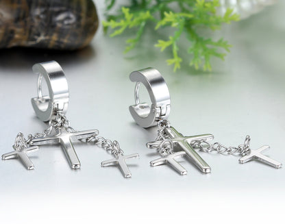 Boniskiss Punk Rock Fashion Stainless Steel Hinged Hoop Huggie Stud Earrings Crosses Dangle