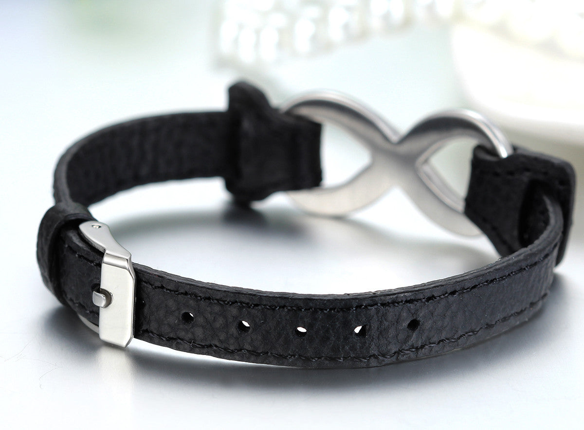 Boniskiss Valentines Day Gift Mens Womens Leather Stainless Steel Bracelet, Love Infinity Charm Bangle