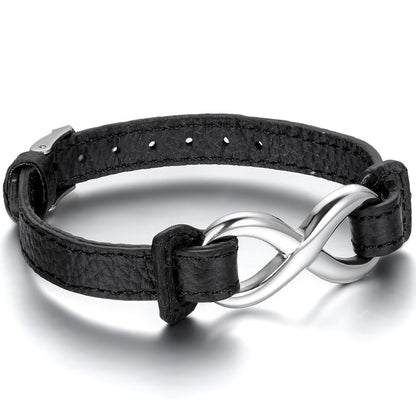 Boniskiss Valentines Day Gift Mens Womens Leather Stainless Steel Bracelet, Love Infinity Charm Bangle