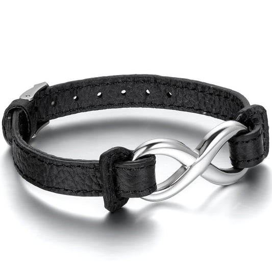 Boniskiss Valentines Day Gift Mens Womens Leather Stainless Steel Bracelet, Love Infinity Charm Bangle