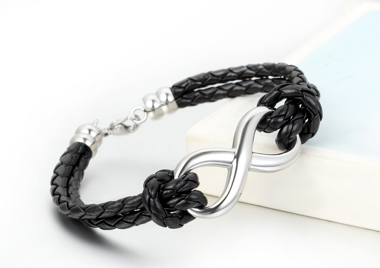 Boniskiss Infinity Love Charm Bangle Leather Stainless Steel Bracelet for Men Women