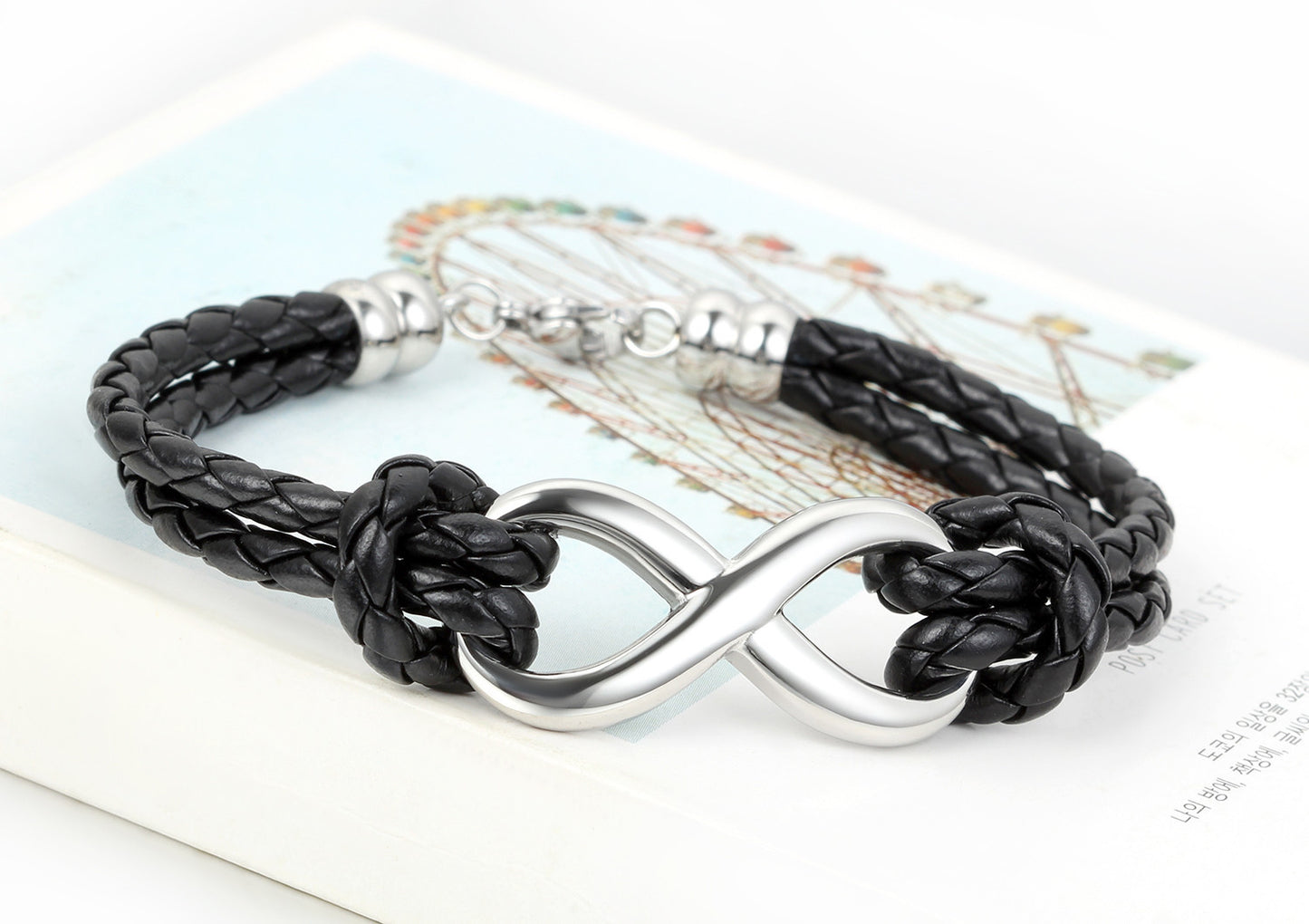 Boniskiss Infinity Love Charm Bangle Leather Stainless Steel Bracelet for Men Women