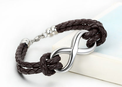 Pulsera Boniskiss Infinity Love Charm de cuero y acero inoxidable para hombres y mujeres