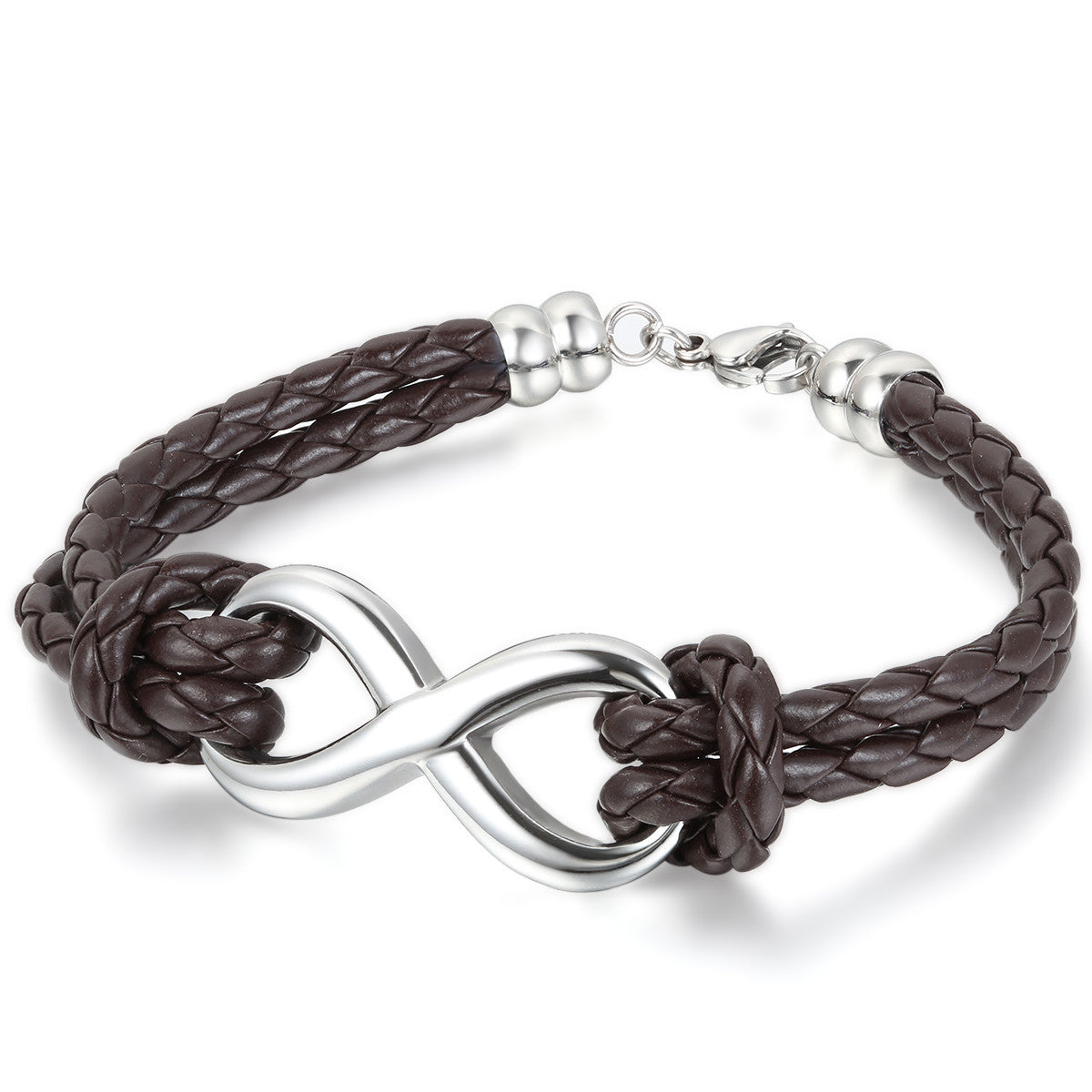 Pulsera Boniskiss Infinity Love Charm de cuero y acero inoxidable para hombres y mujeres
