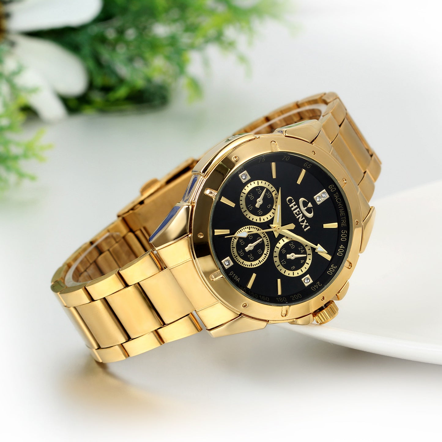 Boniskiss Mens Wrist Watches IP Gold Stainless Steel Analog Black Dial with Rhinestones