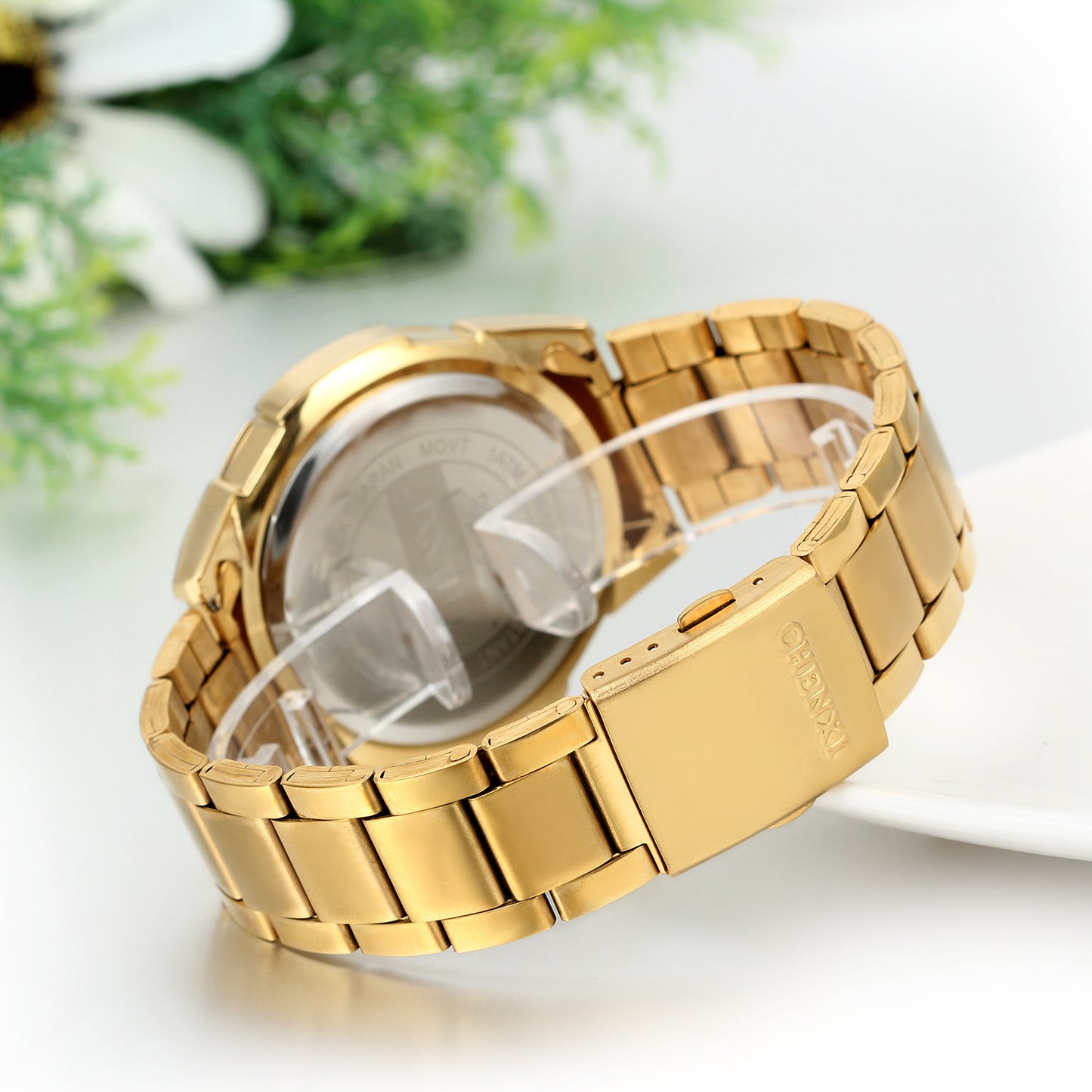 Boniskiss Mens Wrist Watches IP Gold Stainless Steel Analog Black Dial with Rhinestones