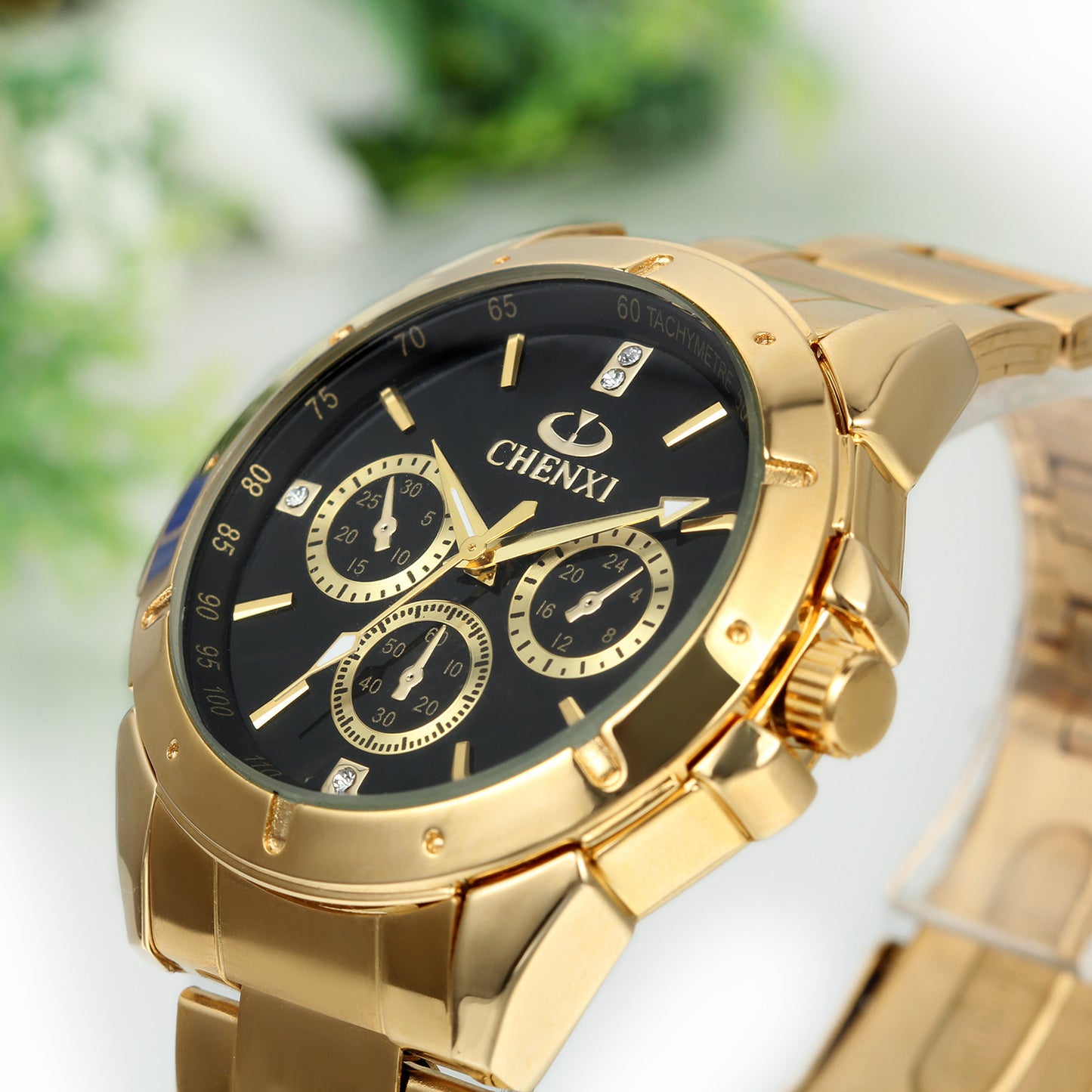 Boniskiss Mens Wrist Watches IP Gold Stainless Steel Analog Black Dial with Rhinestones