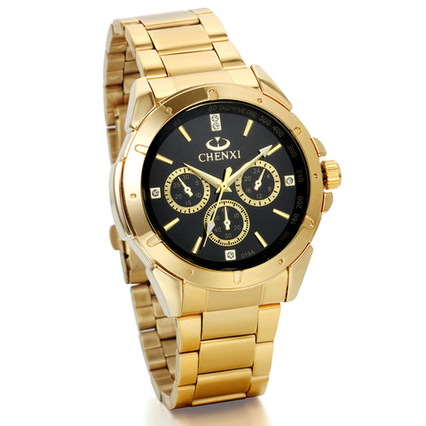 Boniskiss Mens Wrist Watches IP Gold Stainless Steel Analog Black Dial with Rhinestones