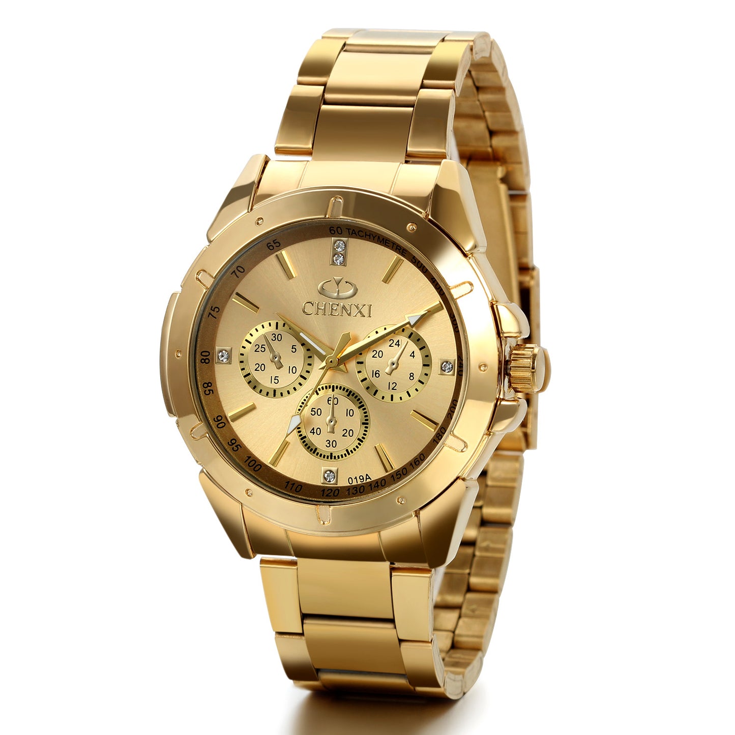 Boniskiss Mens Wrist Watches IP Gold Stainless Steel Analog Black Dial with Rhinestones