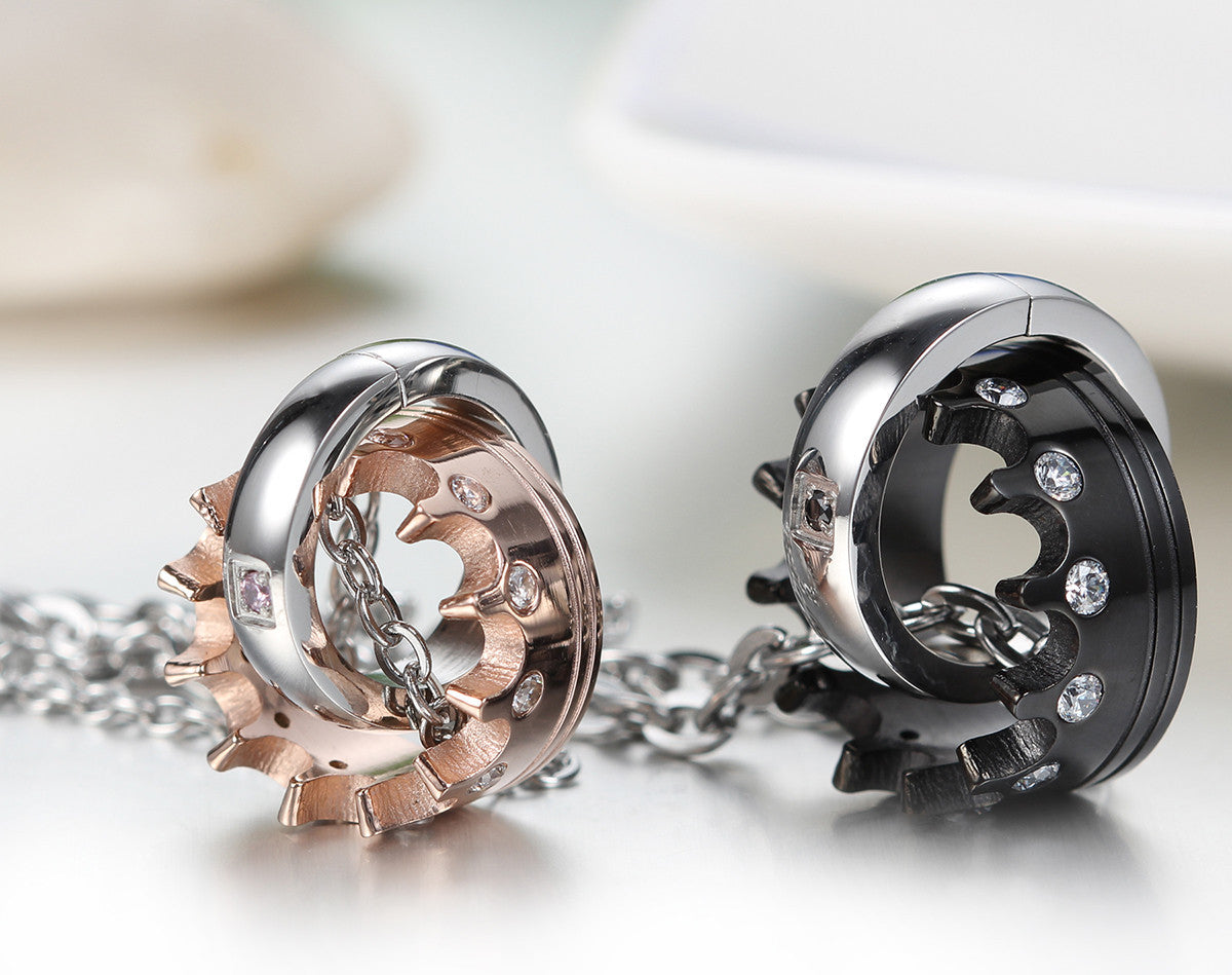 Boniskiss Valentine Day Gifts Mens Womens Cubic Zirconia Couples Stainless Steel Crown Pendant Love Necklace Set, 18 and 21.3 inch Chain, Black Rose Gold Silver