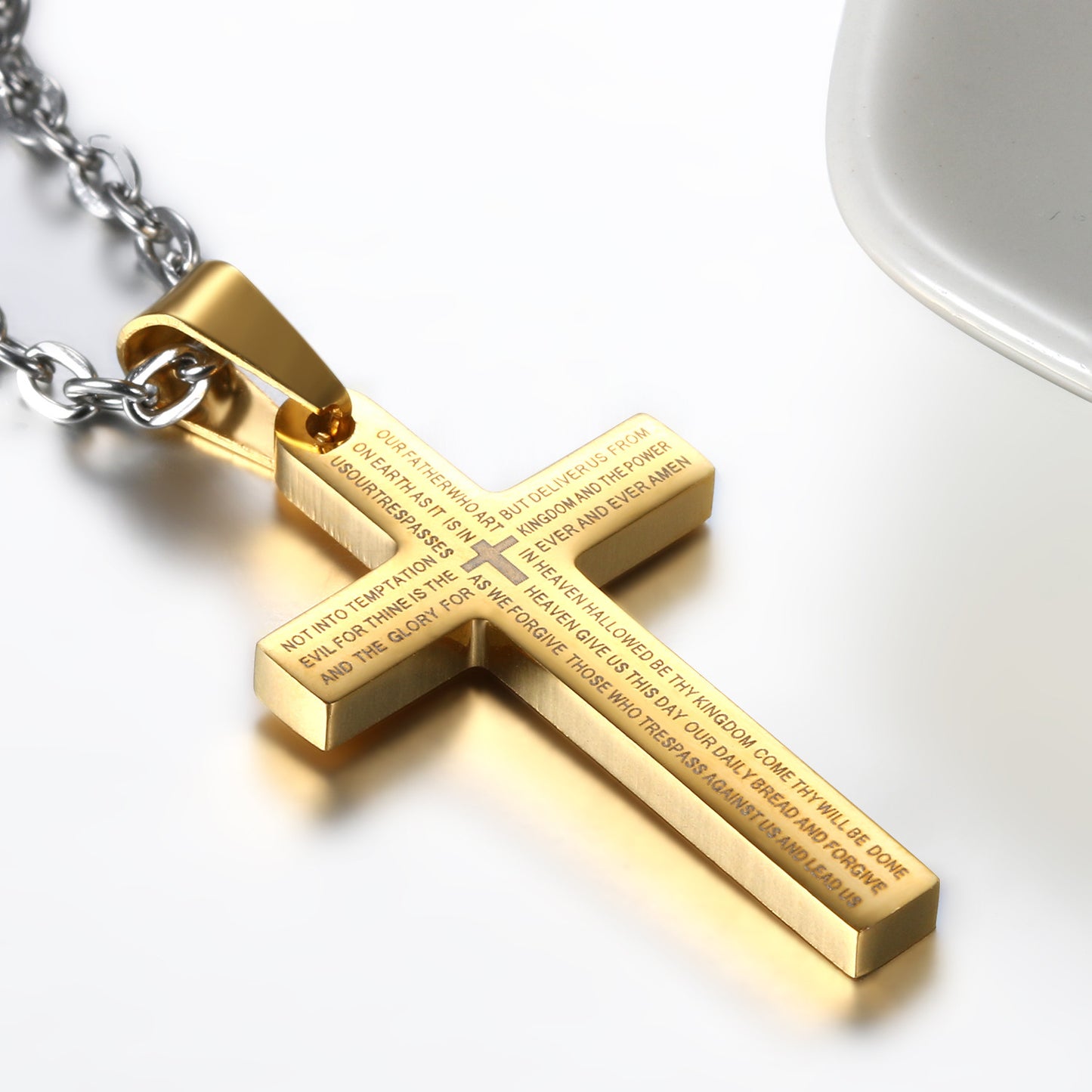 Boniskiss Christmas Gift Men's Stainless Steel Lords Prayer Cross Pendant Necklace, 21.3 inch Chain