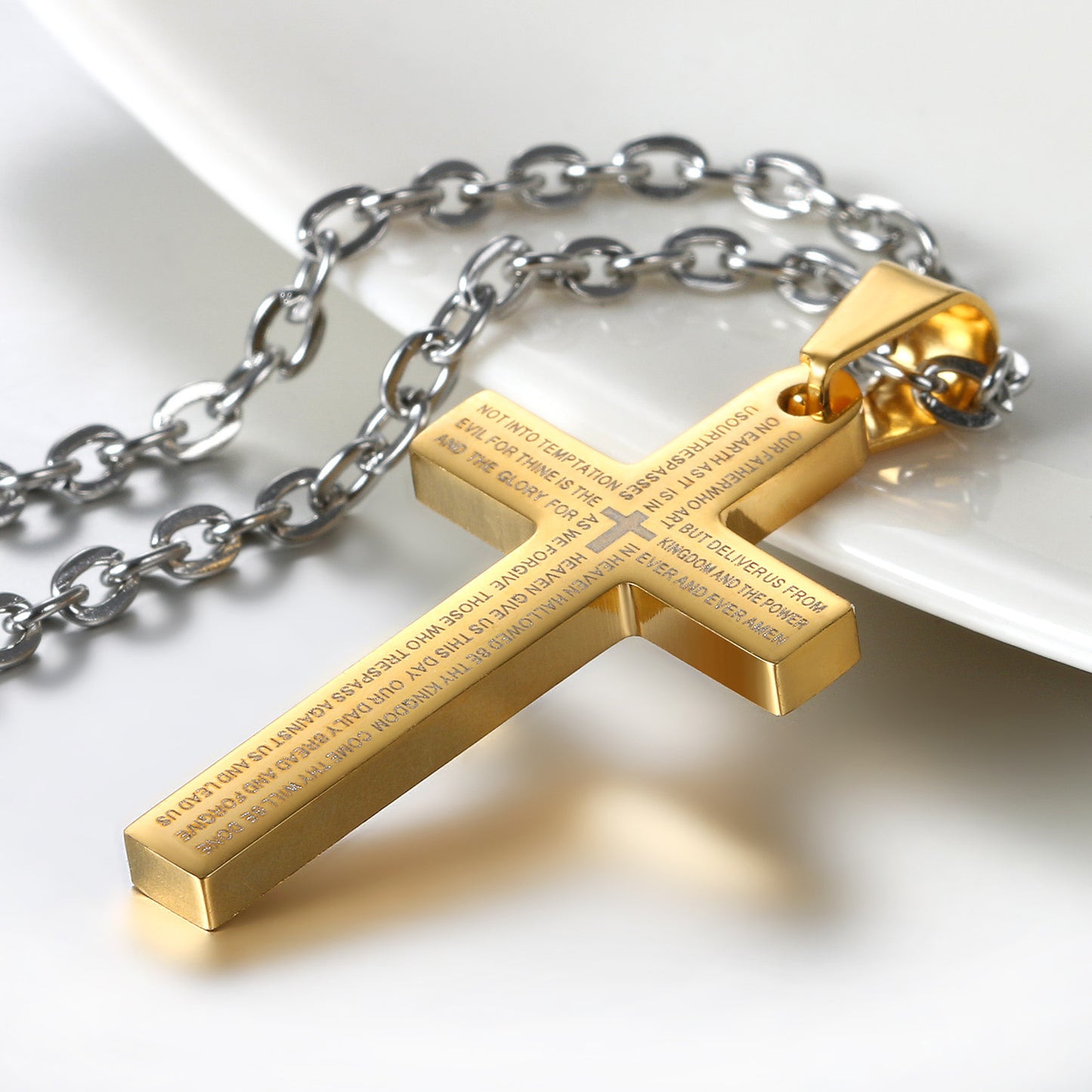 Boniskiss Christmas Gift Men's Stainless Steel Lords Prayer Cross Pendant Necklace, 21.3 inch Chain