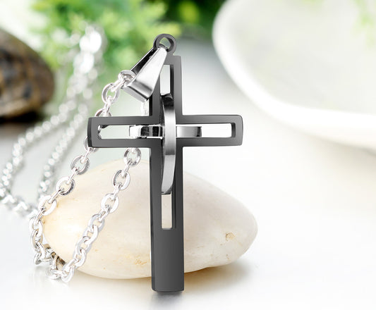 Boniskiss Men's Stainless Steel Pendant Necklace Black Silver Cross Hollow Openwork Vintage Polished with 21.3 inch Chain