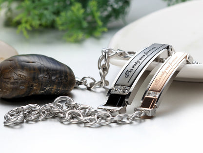 Pulsera Boniskiss de acero inoxidable para hombre y mujer, con eslabones en plata, negro, oro rosa, cadena de eslabones, ideal para San Valentín, aniversarios y compromisos.