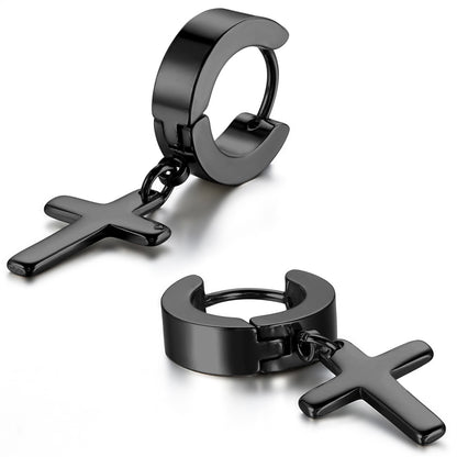 Boniskiss Mens Stainless Steel Cross Huggie Hinged Hoop Earrings Set