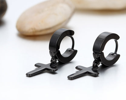 Boniskiss Mens Stainless Steel Cross Huggie Hinged Hoop Earrings Set