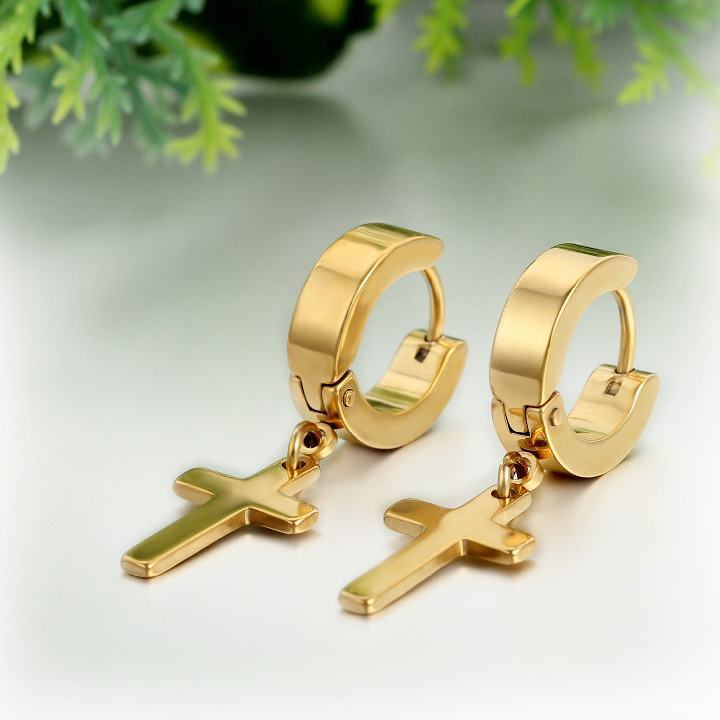 Boniskiss Mens Stainless Steel Cross Huggie Hinged Hoop Earrings Set