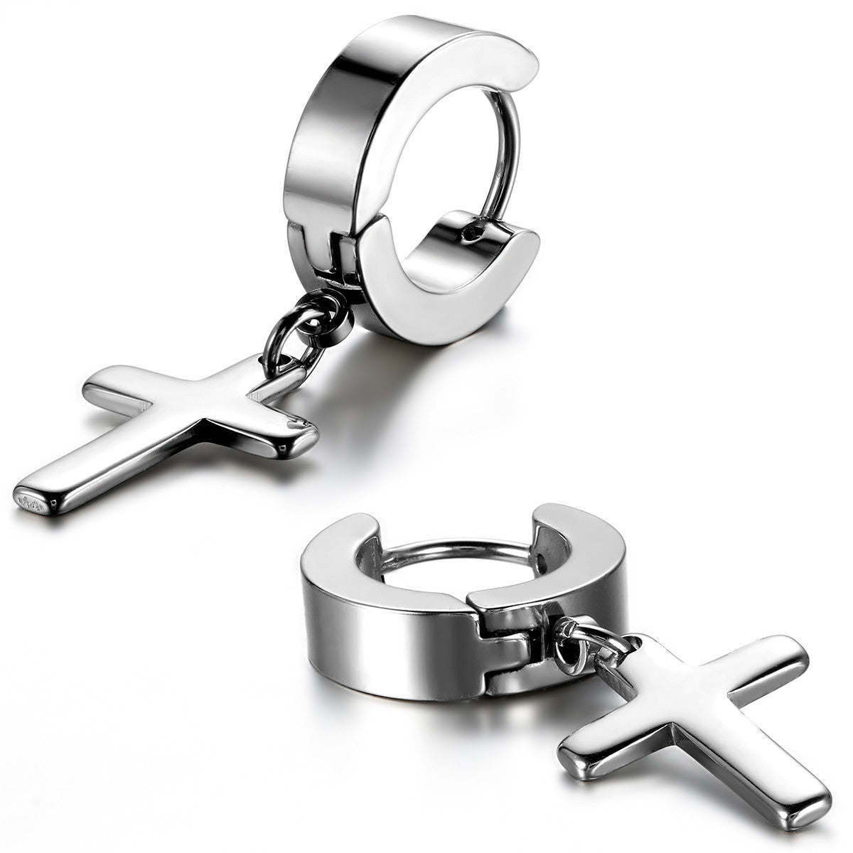 Boniskiss Mens Stainless Steel Cross Huggie Hinged Hoop Earrings Set
