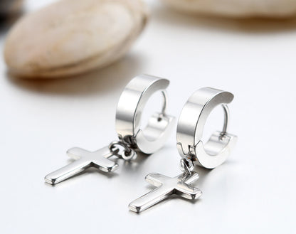 Boniskiss Mens Stainless Steel Cross Huggie Hinged Hoop Earrings Set