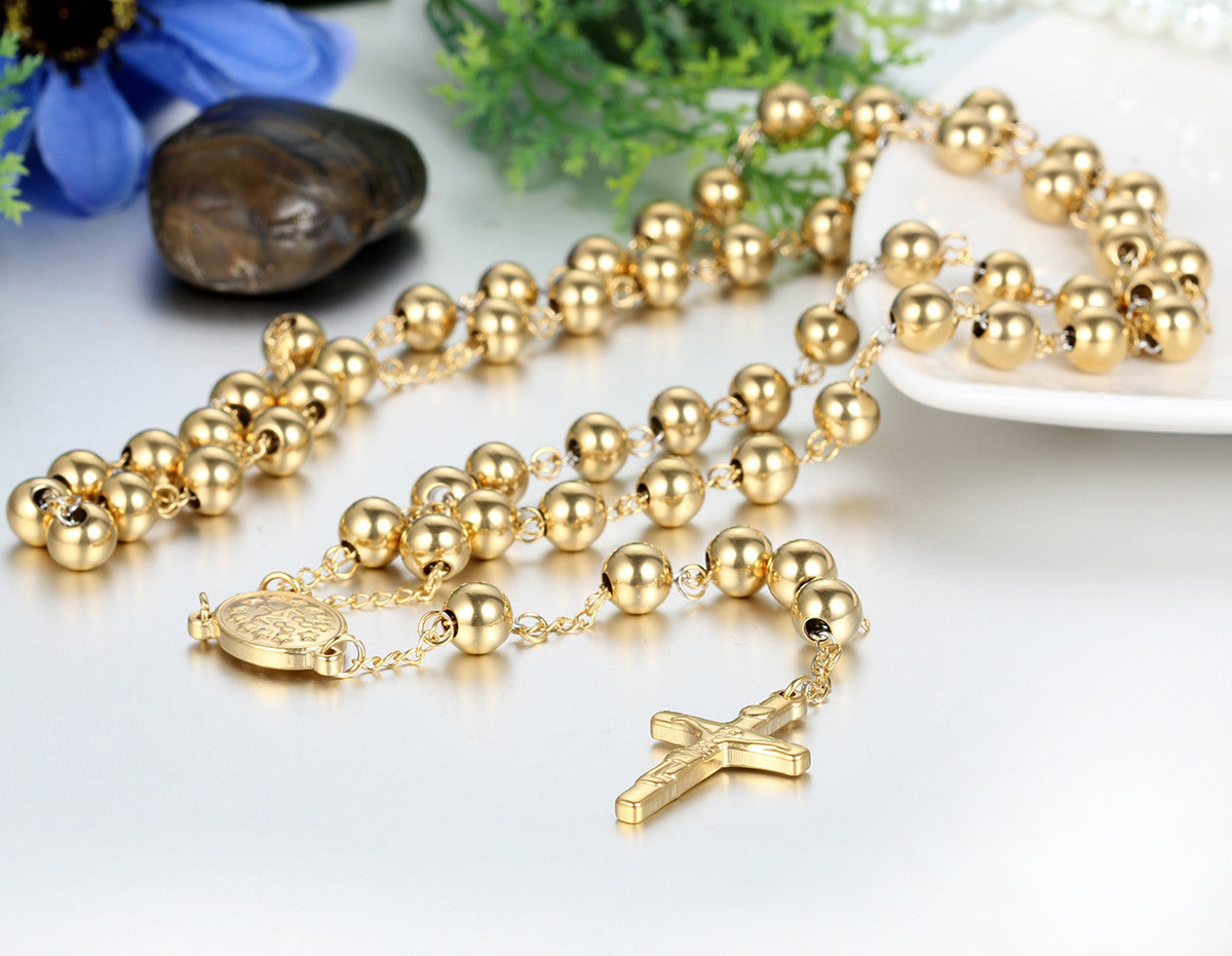 Boniskiss New Gold Stainless Steel Rosary Beads Necklace with Crucifix Cross Pendant 36.6 Inch Chain, 8mm Beads