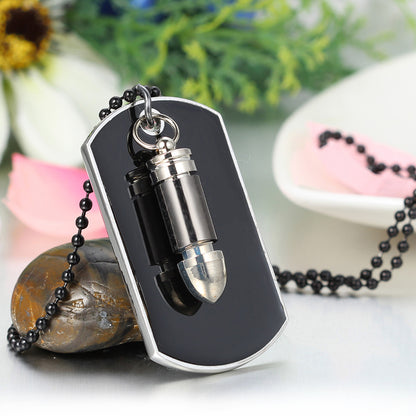 Boniskiss Army Style Mens Cross Bullet Dog Tag Pendant Necklace with 27.5 Inch Chain Black Silver