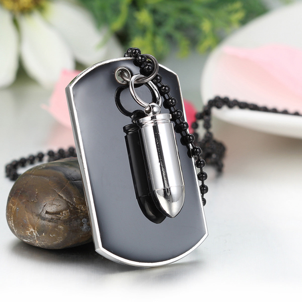 Boniskiss Army Style Mens Cross Bullet Dog Tag Pendant Necklace with 27.5 Inch Chain Black Silver