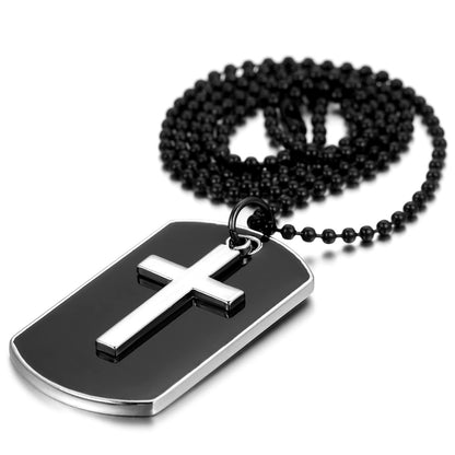 Boniskiss Army Style Mens Cross Bullet Dog Tag Pendant Necklace with 27.5 Inch Chain Black Silver