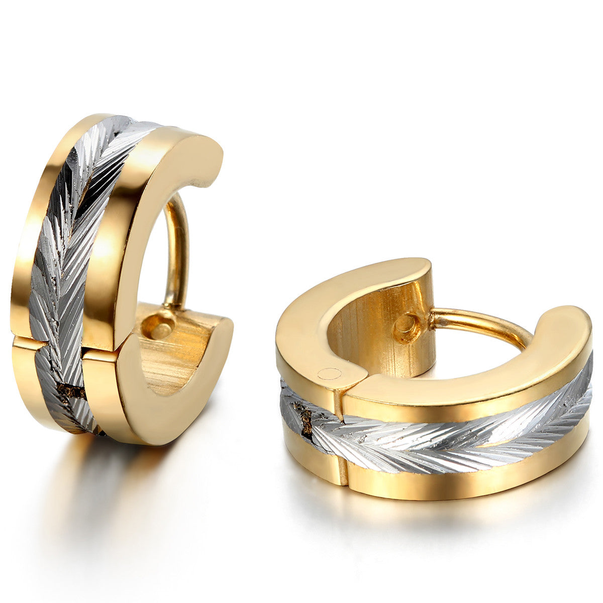 Boniskiss  Stainless Steel 2 Tone Huggie Earrings Mens Hoop Earrings