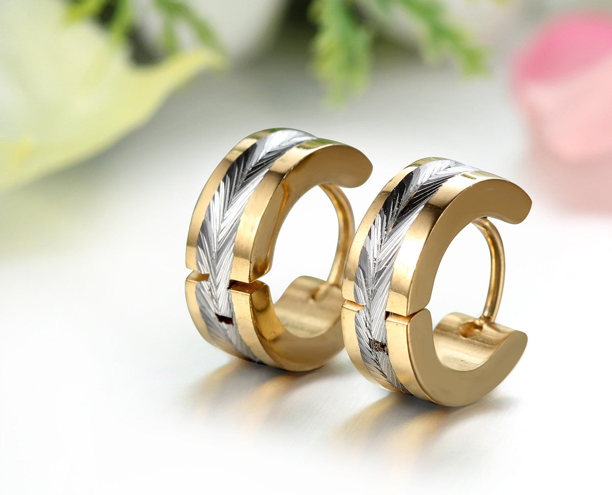 Boniskiss  Stainless Steel 2 Tone Huggie Earrings Mens Hoop Earrings