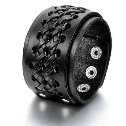 Boniskiss Biker Mens Leather Bracelet Wide Cuff Bangle Adjustable