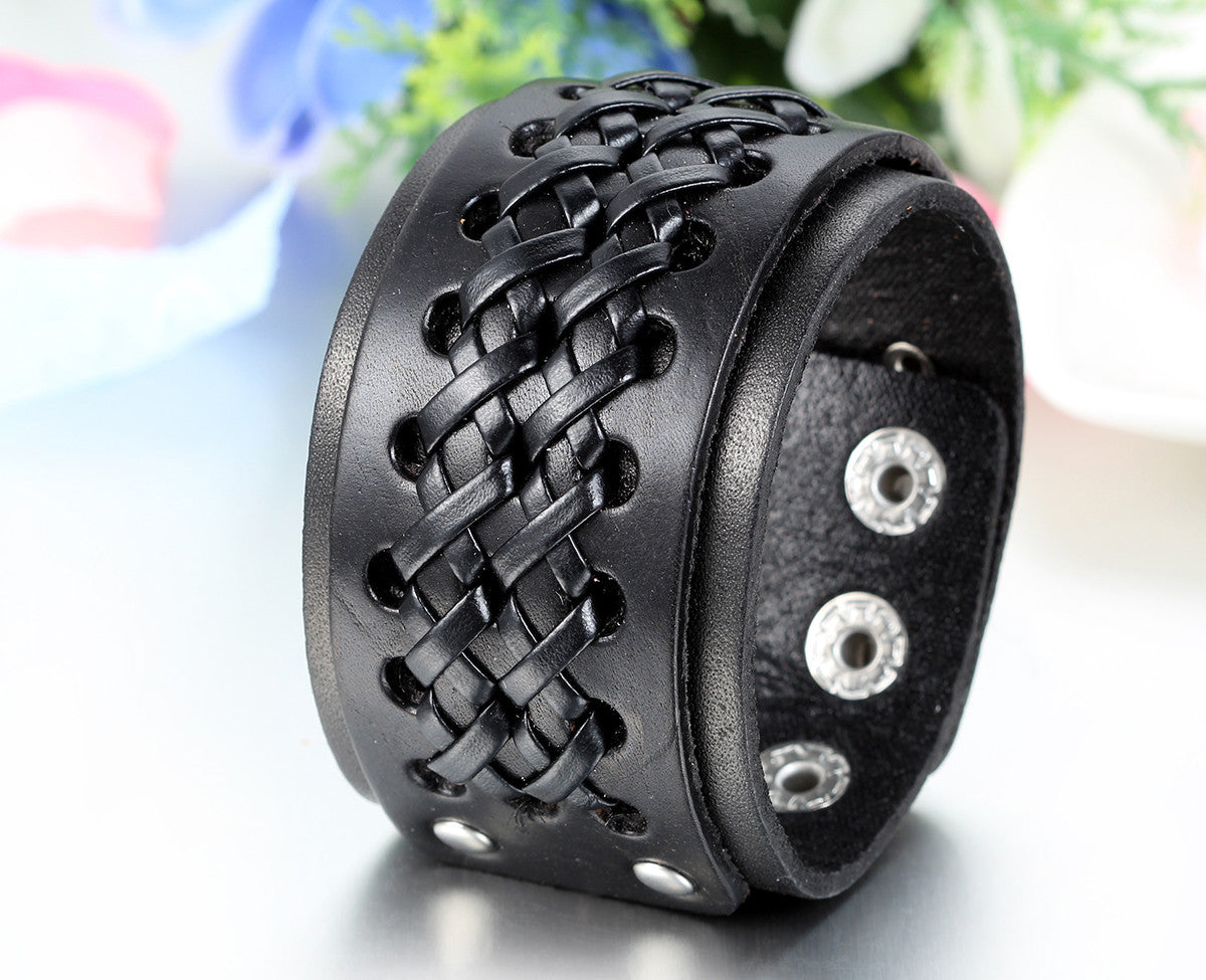 Boniskiss Biker Mens Leather Bracelet Wide Cuff Bangle Adjustable