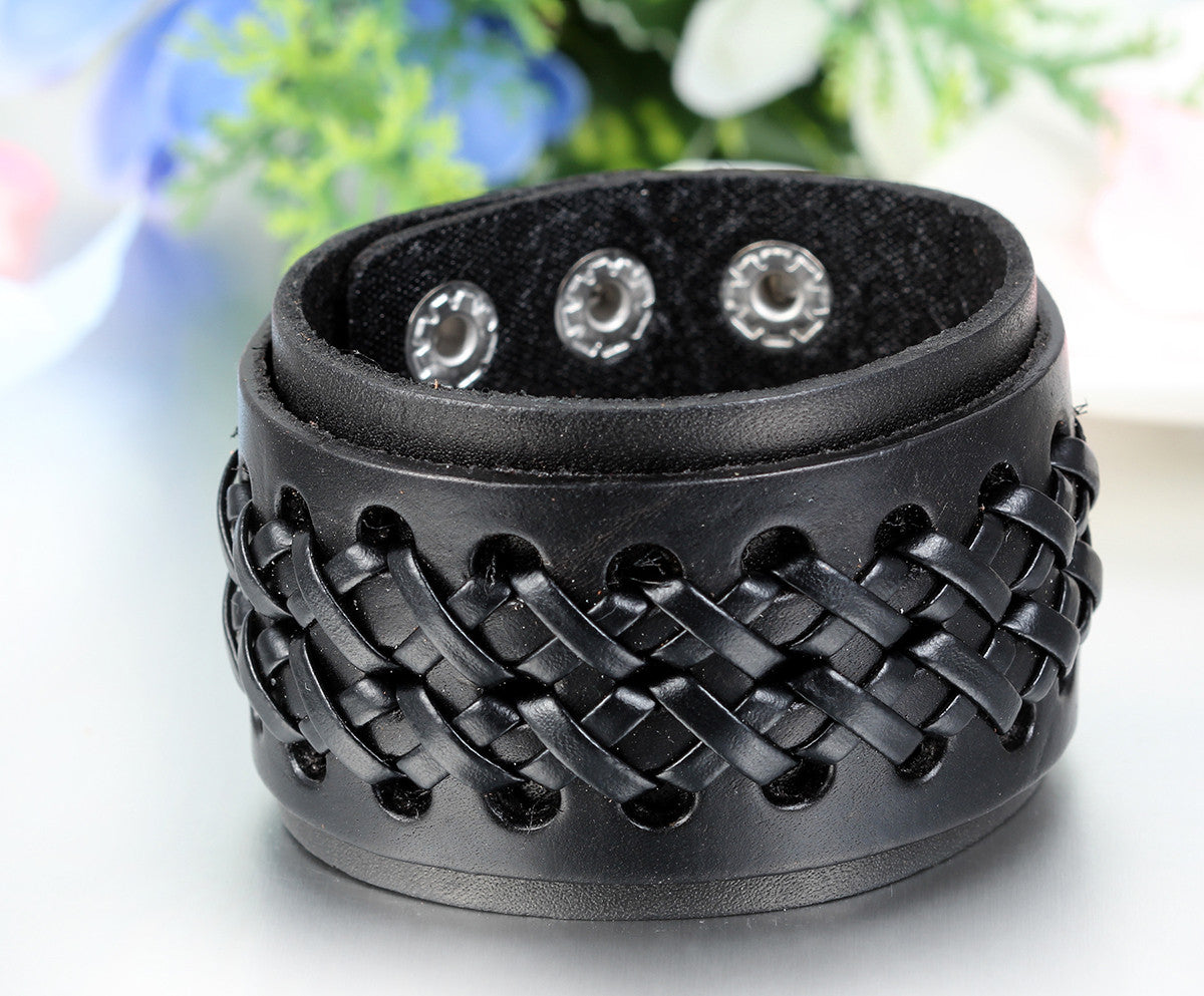 Boniskiss Biker Mens Leather Bracelet Wide Cuff Bangle Adjustable