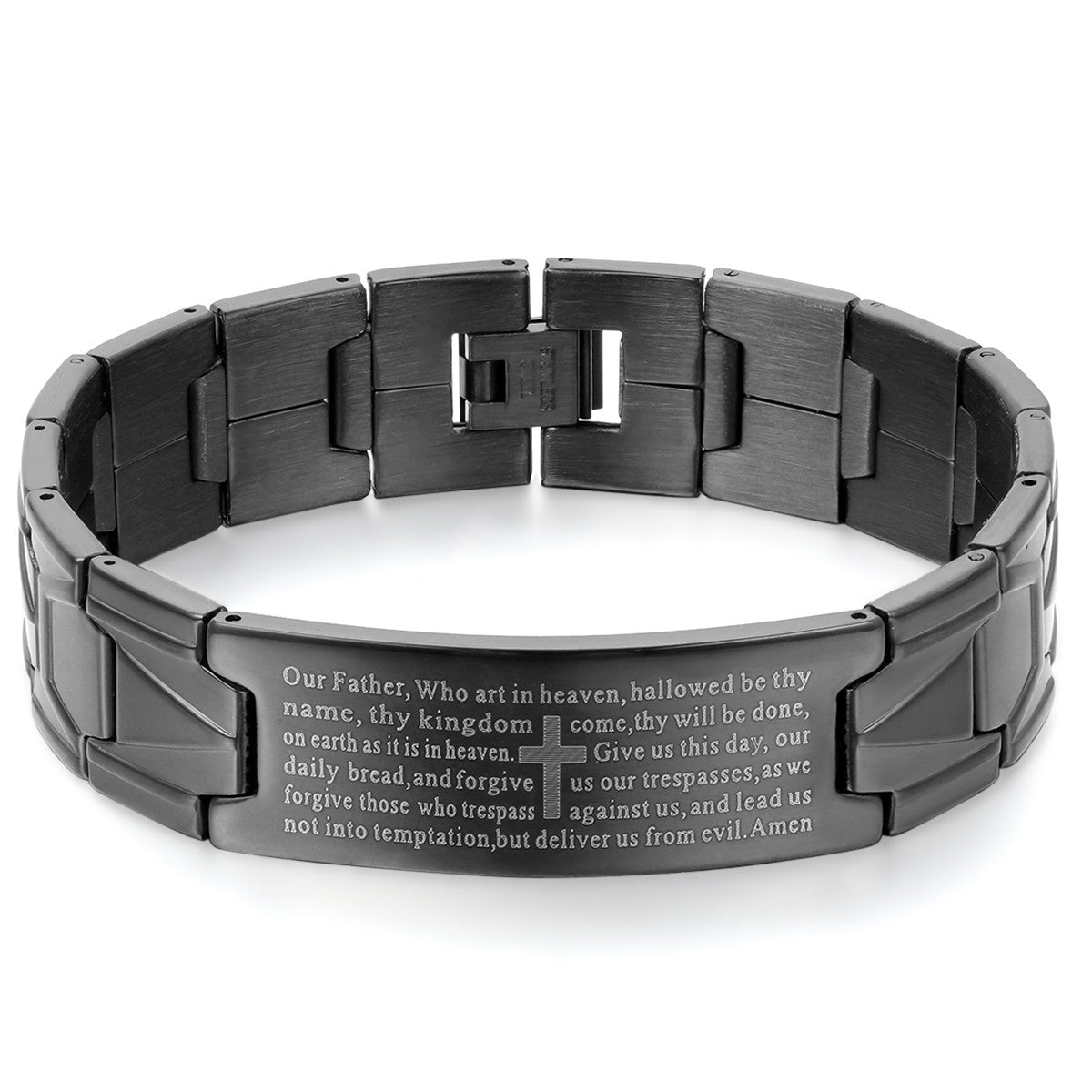 Boniskiss Stainless Steel Black Religious Cross English Lords Prayer Mens Bracelet