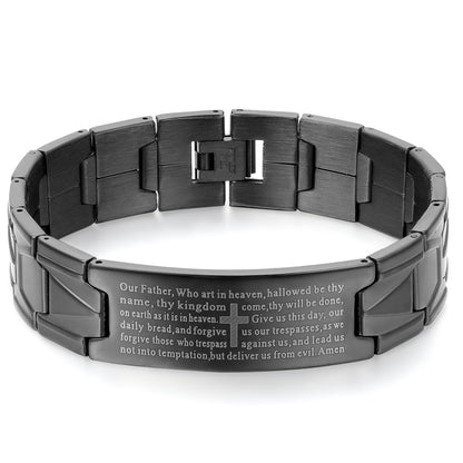 Boniskiss Stainless Steel Black Religious Cross English Lords Prayer Mens Bracelet