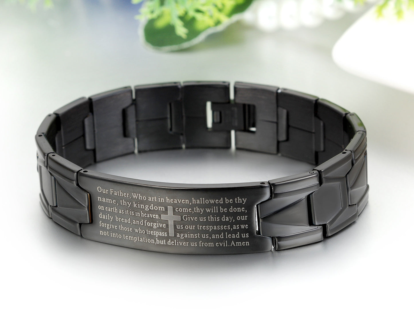 Boniskiss Stainless Steel Black Religious Cross English Lords Prayer Mens Bracelet