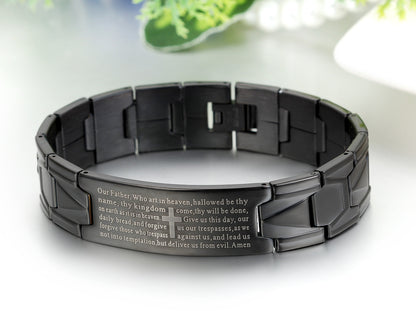 Boniskiss Stainless Steel Black Religious Cross English Lords Prayer Mens Bracelet