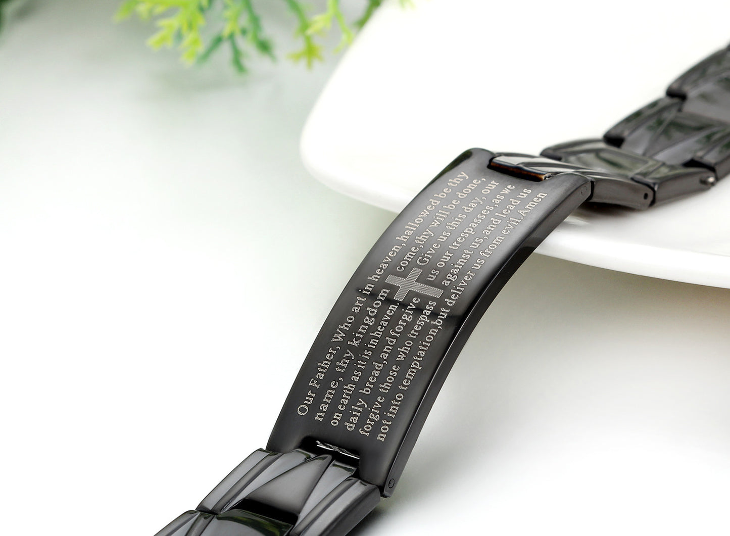 Boniskiss Stainless Steel Black Religious Cross English Lords Prayer Mens Bracelet