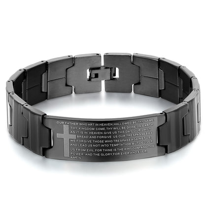 Boniskiss Stainless Steel Black Religious Cross English Lords Prayer Mens Bracelet