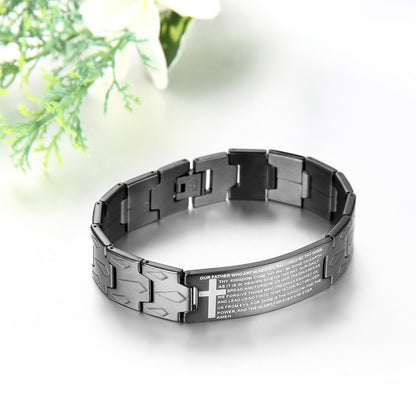 Boniskiss Stainless Steel Black Religious Cross English Lords Prayer Mens Bracelet