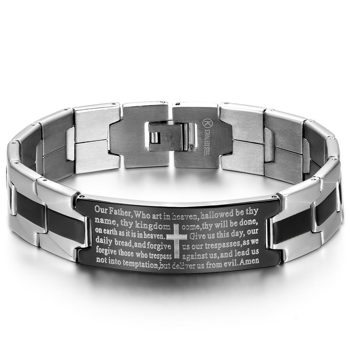 Boniskiss Stainless Steel Black Religious Cross English Lords Prayer Mens Bracelet