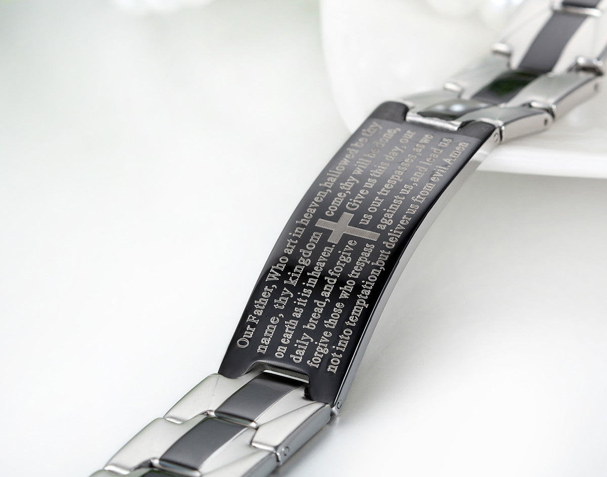 Boniskiss Stainless Steel Black Religious Cross English Lords Prayer Mens Bracelet