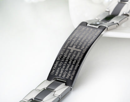 Boniskiss Stainless Steel Black Religious Cross English Lords Prayer Mens Bracelet